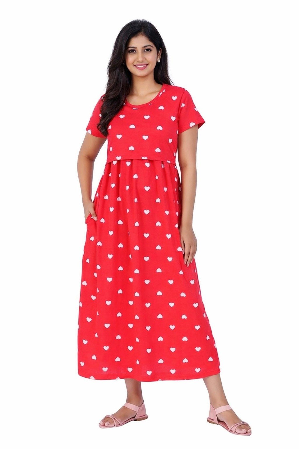 165-175 GsmPremium Quality Pure Knitted Cotton Feeding Lounge Wear Zipless type-RED HEARTS